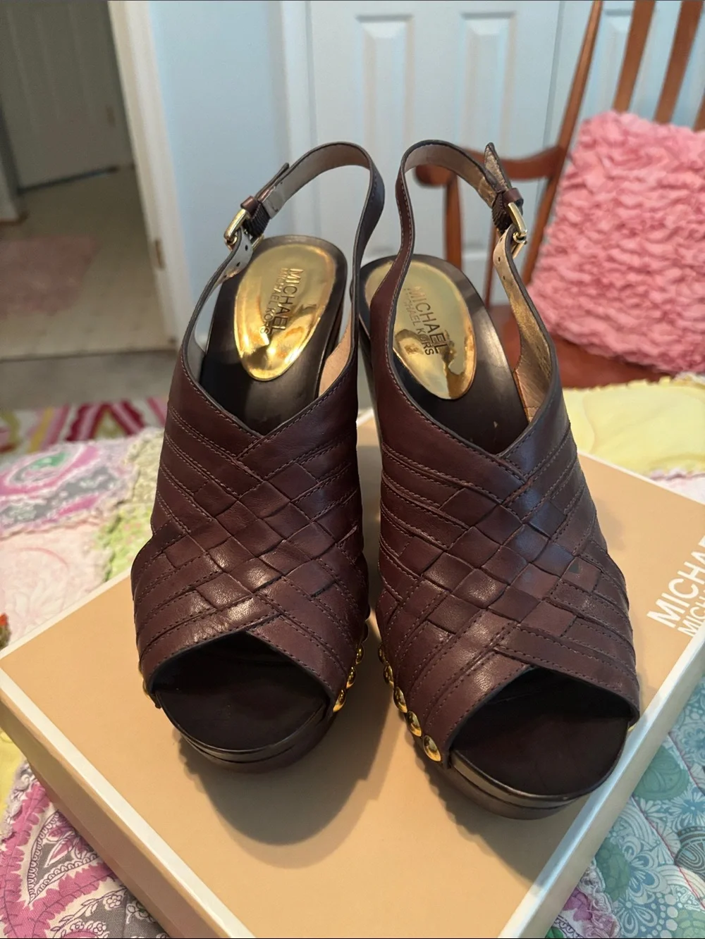 Michael Kors Dark Brown Leather Studded Wedge Sandals—NWOT